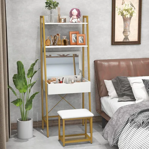 Vista 10 de GOFLAME Juego de mesa de tocador con espejo abatible, escritorio de tocador de escalera y taburete acolchado con estantes y compartimentos