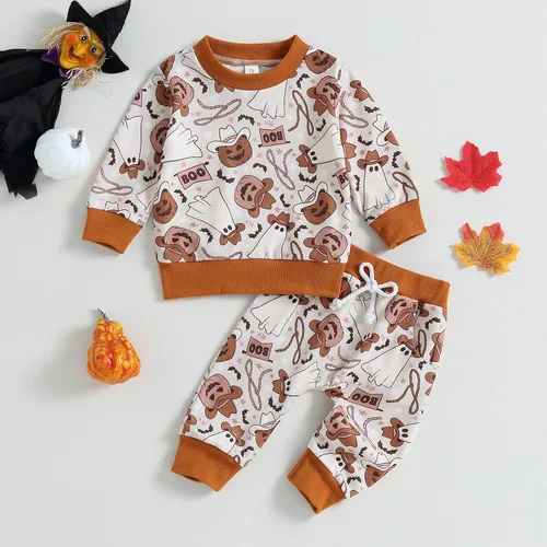 Vista 3 de Kayotuas Conjunto de camisa y pantalones de manga larga con cuello redondo para bebé, disfraz de calabaza, fantasma, calabaza, fantasma, camiseta