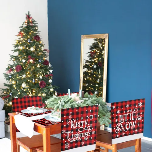 Vista 5 de CCINEE 2 fundas para respaldo de silla de Navidad, fundas de silla de búfalo rojo y negro con copo de nieve para silla de Navidad, cubierta trasera