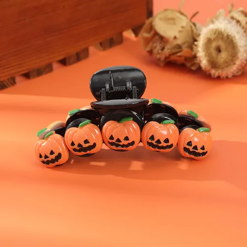 Vista 2 de 1 pinza para el cabello de Halloween para mujer, diseño divertido de calabaza sonriente, diseño exquisito, pinza de garra gruesa y fina naranja