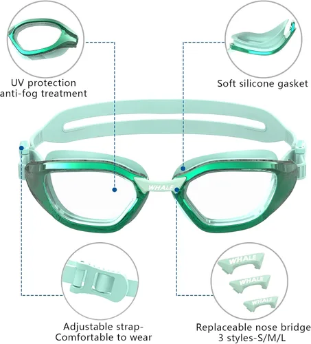 Vista 3 de Whale Gafas de natación para adultos, 100% UV y antivaho - Sello de silicona ultra suave para hombres y mujeres