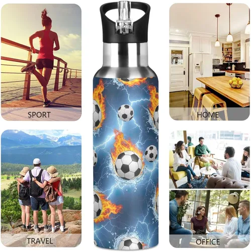Vista 5 de Stainless Steel Vacuum Insulated Water Bottle 20 Oz, Leakproof Water Bottles for Gym Outdoor Travel School, Soccer Balls Water Flames