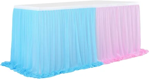 Vista 4 de Besutolife Faldas de mesa de tul rosa y azul para revelación de género, falda de mesa tutú para baby shower, para niñas y niños, fiesta