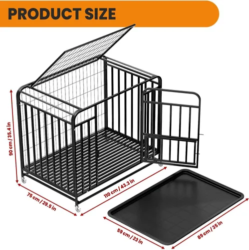 Vista 2 de 42 inch Heavy Duty Indestructible Dog Crate, Escape Proof Dogs Cage Kennel with Lockable Wheels,High Anxiety Front, Top and Feeding Doors,Extra