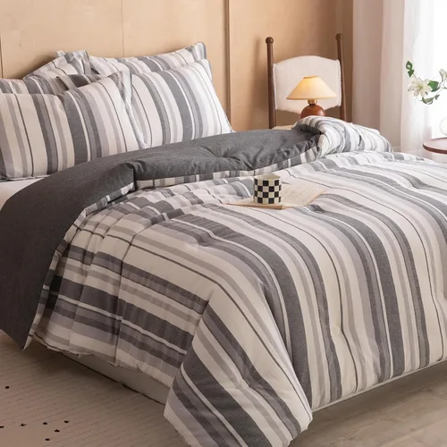 Vista 9 de Juego de edredón 100% algodón tamaño matrimonial, diseño reversible teñido de hilos a cuadros, suave algodón lavado en ambos lados, ropa de cama