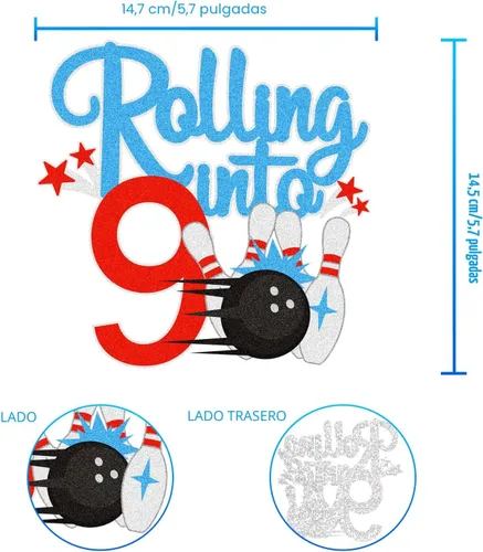 Vista 4 de Bowling Rolling Into 9 Happy 9th Birthaday - Decoración para pastel de boliche de 9º cumpleaños con purpurina - Decoración de pastel de boliche