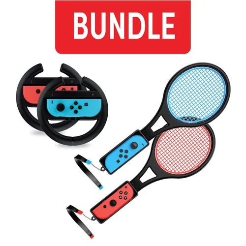 Vista 2 de TALK WORKS Steering WheelTennis Racket Combo Pack for Nintendo Switch - Joy Con Controller Grip Racing & Sports Game Accessories for Mario Tennis