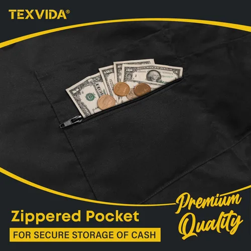 Vista 2 de Delantal unisex para servidor bistró con bolsillo con cremallera, grado comercial (negro, 24 x 20 pulgadas)
