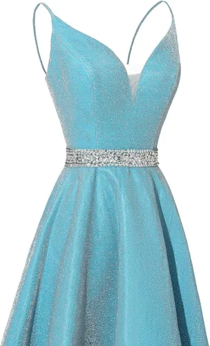 Vista 4 de Yexinbridal Vestido de fiesta con tirantes delgados con purpurina y cuentas largas de satén con cuello en V