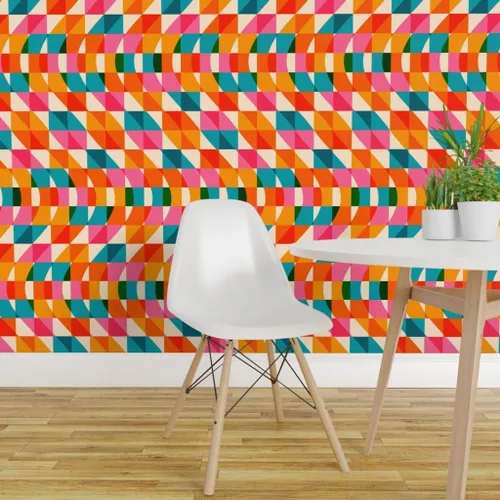Vista 3 de Muestras de papel tapiz removibles – Retro Cuadros Ondas Rosa Verde Azul Rojo Naranja Rayas Papel pintado personalizado pre-pegado por Spoonflower