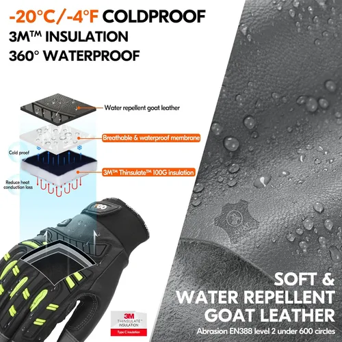 Vista 2 de Vgo... Winter -4°F Waterproof Leather Touchscreen Work Gloves (GA8954FW)