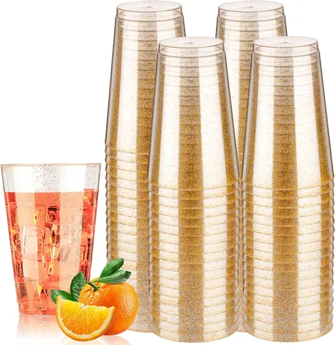 Vista 8 de Goodluck 50 vasos de plástico con purpurina dorada de 10 onzas, vasos desechables con purpurina, elegantes vasos de cóctel de plástico, vasos