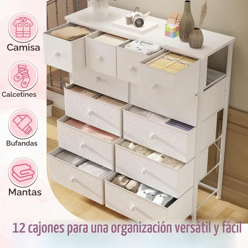 Vista 3 de Bepatio - Cómoda para dormitorio con 12 cajones, cómodas de tela y cómoda con marco de metal resistente, tapa de madera, para mujer, 98.8 cm (38.9")