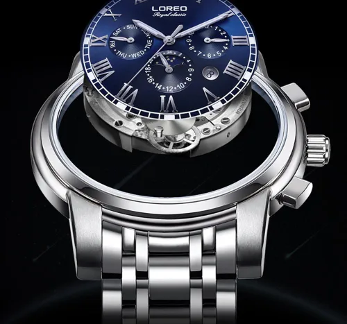Vista 3 de LOREO - Reloj automático para hombre multifunción de acero inoxidable, cristal de zafiro, resistente al agua, color azul
