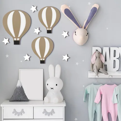 Vista 4 de Soaoo 9 piezas de globos de aire caliente, decoración de pared de guardería, letrero de madera bohemio, globo de aire caliente, decoración de baby