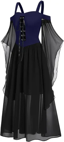 Vista 3 de SHOPESSA Disfraz medieval para mujer, manga de mariposa, vestido maxi con hombros descubiertos, vestido de corsé steampunk para mujer, ropa gótica