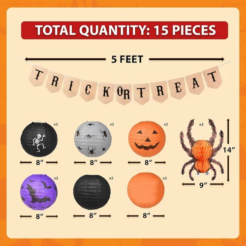 Vista 3 de Mudra Crafts Faroles de papel colgantes de araña, murciélago y calabaza, faroles de papel para interiores y exteriores, decoraciones de Halloween