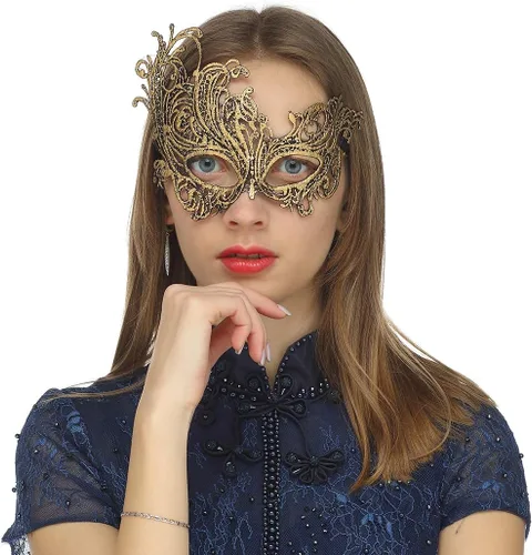 Vista 2 de MYMENU Máscara de baile para mujer, de encaje, veneciana, de Halloween, para fiesta de disfraces, Mardi Gras (3 estilos dorados)
