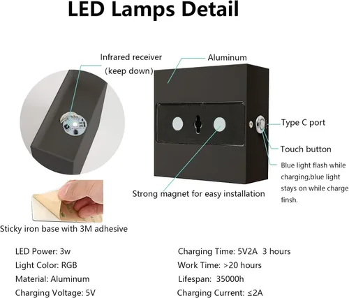 Vista 4 de Juego de 2 apliques de pared inalámbricos negros con control remoto, 16 modos de color, recargable, para dormitorio, sala de estar