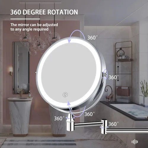 Vista 4 de Espejo de maquillaje iluminado para montar en la pared, espejo extensible de doble cara con aumento de 10X, espejo de aumento LED de 8 pulgadas