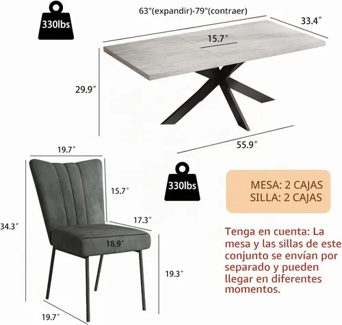 Vista 7 de ZckyCine Juego de mesa de comedor extensible de 6 piezas, moderna mesa de madera gris de 63 a 79 pulgadas con 6 sillas de tela gris, mesa de comedor