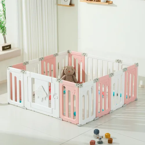 Vista 17 de Bestgame - Corralito para bebés - 14 paneles extragrandes plegables para niños pequeños, valla portátil en forma de OVNI, puerta, patio - Azul