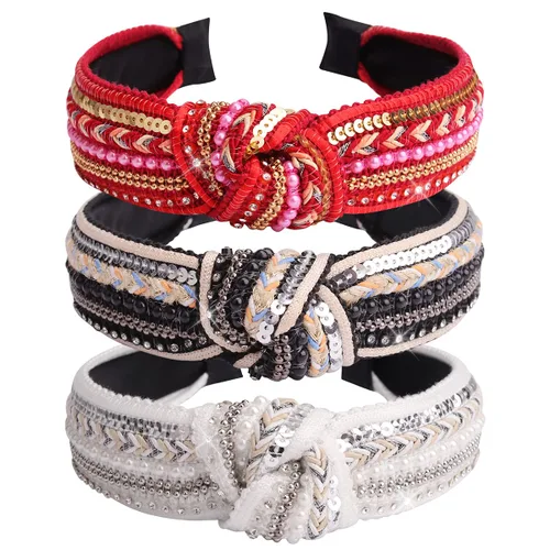 Vista 9 de TOBATOBA Diademas anudadas para mujer, paquete de 3 diademas con cuentas de perlas de diamantes de imitación, diademas bohemias con nudo superior