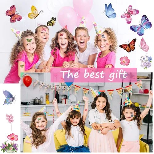 Vista 2 de Tatuajes de mariposa para niños y mujeres, 100 calcomanías temporales de mariposa coloridas e impermeables para recuerdos de fiesta, regalos