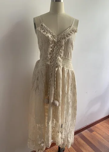Vista 5 de Vestido de verano para mujer, cuello en V, tirantes delgados, sin mangas, cintura alta, bohemio, para boda, playa, casual, maxivestidos largos