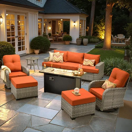 Vista 84 de HOOOWOOO Juego de muebles seccionales de patio con mesa de luz solar, 6 piezas de mimbre para exteriores, sofá en forma de L, juego de conversación