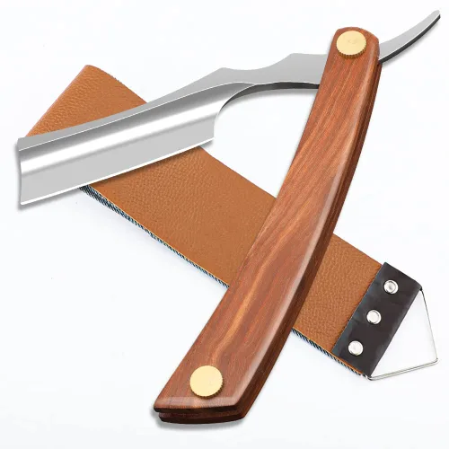 Vista 10 de Navaja de afeitar recta con estropajo - Afeitadora profesional de borde recto de acero inoxidable premium para barbero con estropajo para aseo