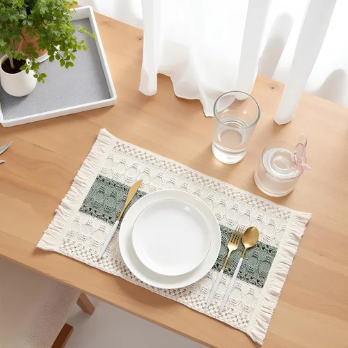Vista 8 de Juego de 4 manteles individuales verdes de macramé para decoración de mesa con flecos, manteles individuales tejidos de arpillera natural para mesa