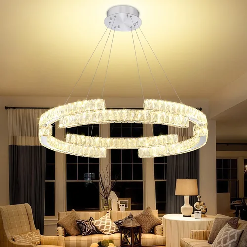 Vista 11 de D40''+D27.5''+D15.7'' Moderna lámpara de araña de oro de 3 anillos de cristal para sala de estar, luz colgante de cristal, entrada de vestíbulo Oro
