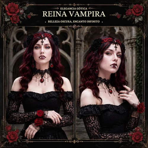 Vista 3 de Newcotte 11 piezas de disfraz de vampiro de Halloween rojo negro peluca