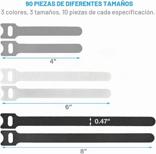 Vista 3 de 90 bridas reutilizables con gancho y bucle, correas de cables ajustables multiusos para organizar el hogar, la oficina y los centros de datos