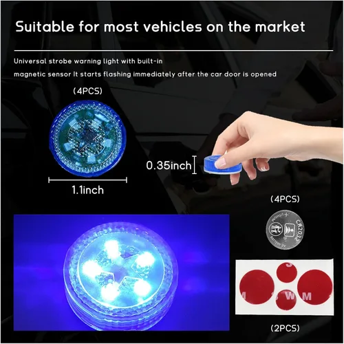 Vista 2 de Dickno 4 luces LED inalámbricas de advertencia para puerta de automóvil, 5 luces LED de señal de seguridad intermitentes automáticas en carretera