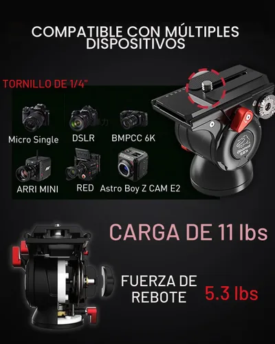 Vista 6 de IFOOTAGE Cabezal de cámara de video Komodo K5S, cabezales de fluido de aluminio, cabeza de trípode estable para giro e inclinación, con placa