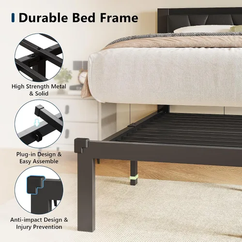 Vista 6 de GalnFu Base de cama de tamaño matrimonial con cabecera capitoné con botones, plataforma tapizada de piel sintética, marco de cama de metal