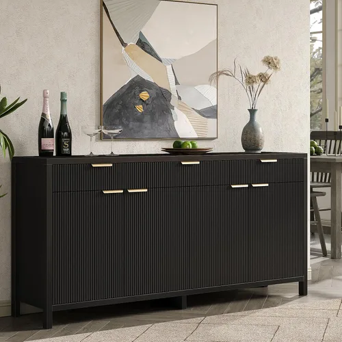 Vista 3 de Yanosaku Aparador Buffet Acanalado de 66" de Ancho, Gabinete de Almacenamiento con 3 Cajones y 2 Gabinetes, Mesa de Bar de Café de Mediados de Siglo