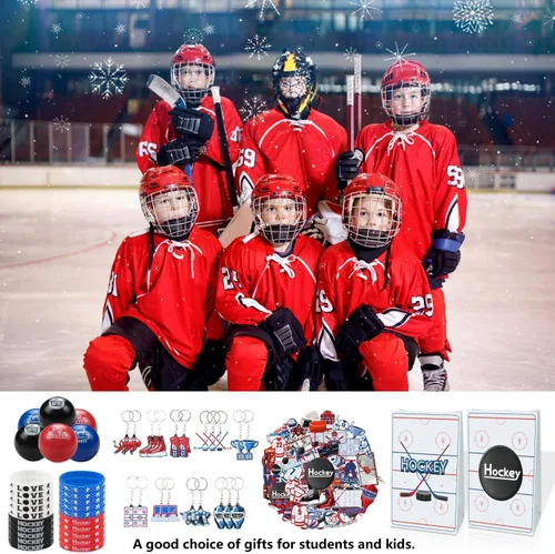 Vista 7 de Regalos de fiesta de hockey 130 piezas de suministros de fiesta de hockey pelotas de hockey de espuma, pulseras de silicona, calcomanías temáticas