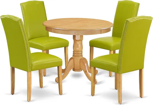 Vista 20 de East West Furniture ANEN3-LWH-06 - Juego de mesa de cocina de 3 piezas contiene una mesa de comedor redonda con pedestal y 2 sillas de comedor