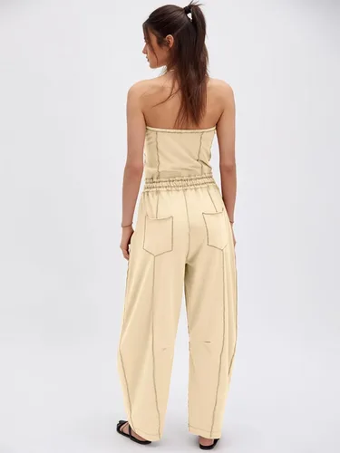 Vista 2 de Sexyasasii Overol casual sin tirantes para mujer, con hombros descubiertos, pantalones largos de pierna ancha con cordón y bolsillos