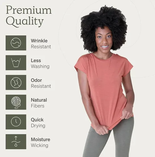Vista 3 de Nui Organics - Camiseta de lana merino y lirio Tencel para mujer, capa base, tela natural ultrasuave, comodidad durante todo el año, transpirable.