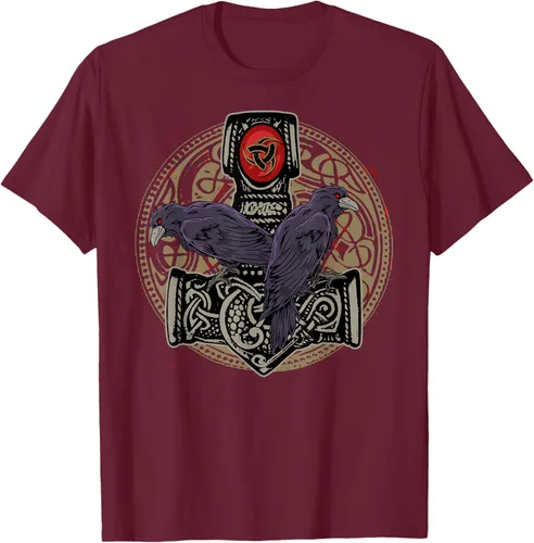 Vista 15 de Thors Hammer Mjolnir Huginn and Muninn Odin Raven - Camiseta, Negro, S