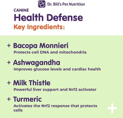 Vista 4 de Dr. Bill's Canine Health Defense Suplemento antioxidante para perros con cúrcuma, zinc, ashwagandha, cardo mariano, coenzima Q10 (CoQ10) y Bacopa