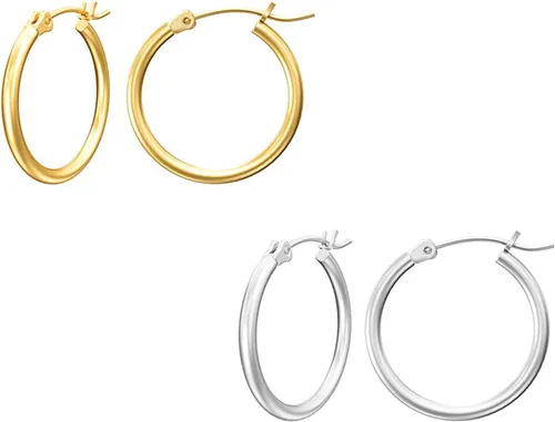 Vista 18 de Aretes de aro de oro para mujer chapados en oro real de 14 quilates con poste de plata de ley 925 Dorado