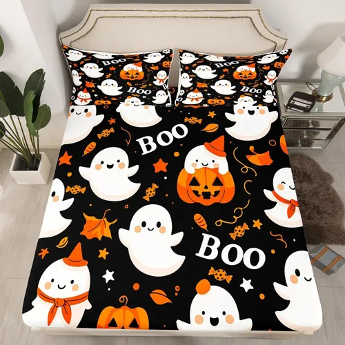 Vista 12 de Juego de sábanas bajeras con bonito diseño de gato negro para niños y niñas, diseño de dibujos animados de Halloween, gato, animales, sábanas