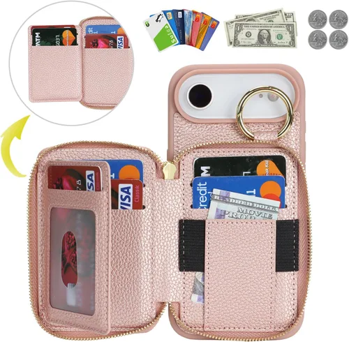 Vista 2 de Funda compatible con iPhone Air Wallet con tarjetero para iPhone Air, funda con cremallera y ranura para mujer, 5G de 6.5 pulgadas, color oro rosa