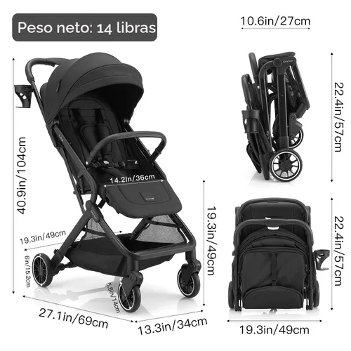 Vista 5 de Gromast Cochecito de bebé plegable compacto, cochecito de viaje ligero para niños pequeños con plegado de un clic, dosel extensible UPF50+