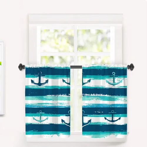 Vista 48 de Maritime Ocean Blackout Tier Curtains, Anchors Nautical Art Half Window Drapes for Kitchen with Rod Pocket,Room Darkening 2 Pack 26X24 Inches
